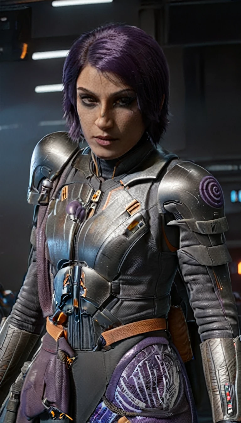 professional 3d model Cinematic scene, sabine wren, SILVER armor (HUGE BREASTS), Ghost in the Shell, detailed background, masterpiece, best quality, high quality, highres, absurdres . octane render, highly detailed, volumetric, dramatic lighting
