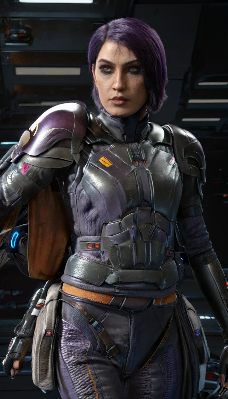 professional 3d model Cinematic scene, sabine wren, SILVER armor (HUGE BREASTS), Ghost in the Shell, detailed background, masterpiece, best quality, high quality, highres, absurdres . octane render, highly detailed, volumetric, dramatic lighting
