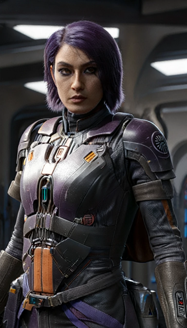 professional 3d model Cinematic scene, sabine wren, SILVER armor (HUGE BREASTS), Ghost in the Shell, detailed background, masterpiece, best quality, high quality, highres, absurdres . octane render, highly detailed, volumetric, dramatic lighting
