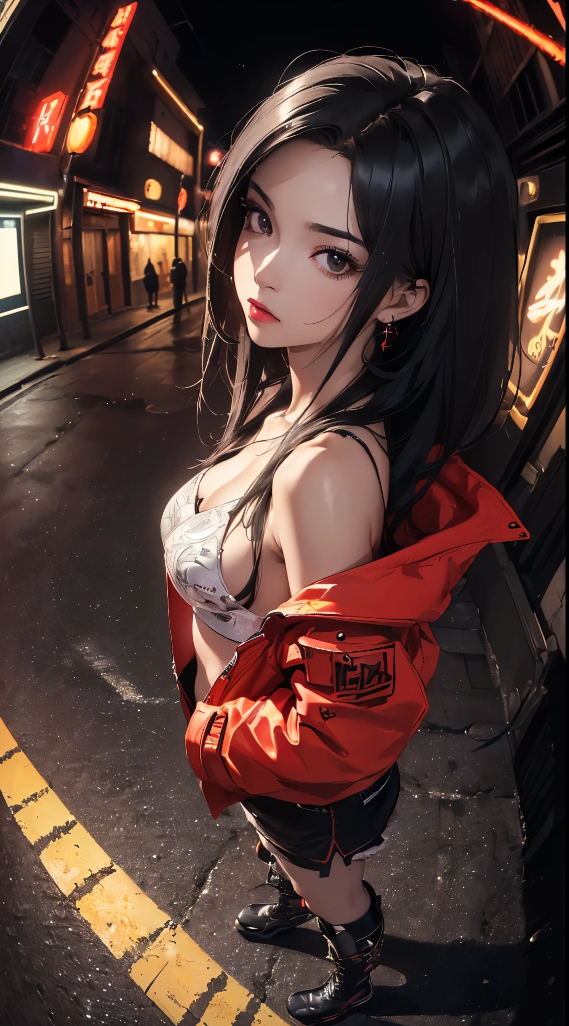 (((8k wallpaper of extremely detailed CG unit:1.2, masterpiece, hight resolution:1.2, top-quality:1.2, masutepiece))), ((a very beautiful woman, Hands in pockets:1.8, Street fashion:1.2, wearing a colorful jacket:1.2, Wearing boots)), ((extra detailed face, Highly detailed black eyes, extra detailed body, Top quality real texture skins)), (Red Straight Hair:1.2, de pele branca, Small, exposed shoulder), ((Empty alley, Mileland. natta, Neon Street)), (high-angle, a closeup, Fisheye:1.3), hyper realisitic, digitial painting,