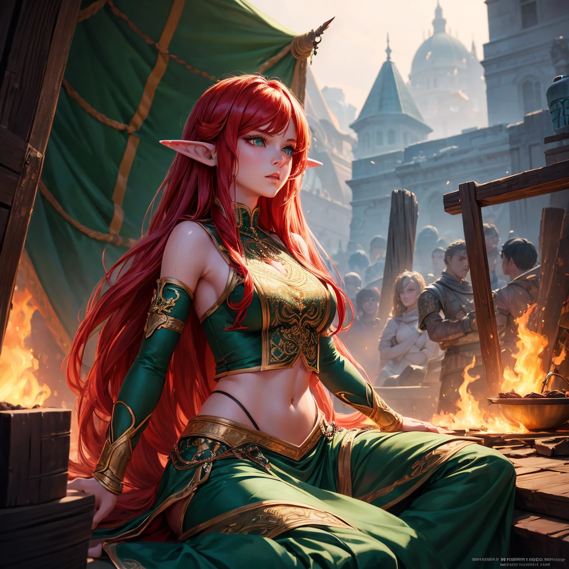 a girl, 1girl, elf, redhead long hair, breasts, long pointed ears, bright green eyes!!, green eyes!!, serious face, sexy red crop top, deep neckline, sexy red skirt, fire magic, full body, full body, tent, very sexy body, detailed face, beautiful detailed eyes, beautiful detailed lips, extremely detailed eyes and face, long eyelashes, detailed clothing, intricate details, highly detailed, photo realistic, 8k, best quality, masterpiece, cinematic lighting, dramatic lighting, vibrant colors, fantasy, digital art, concept art