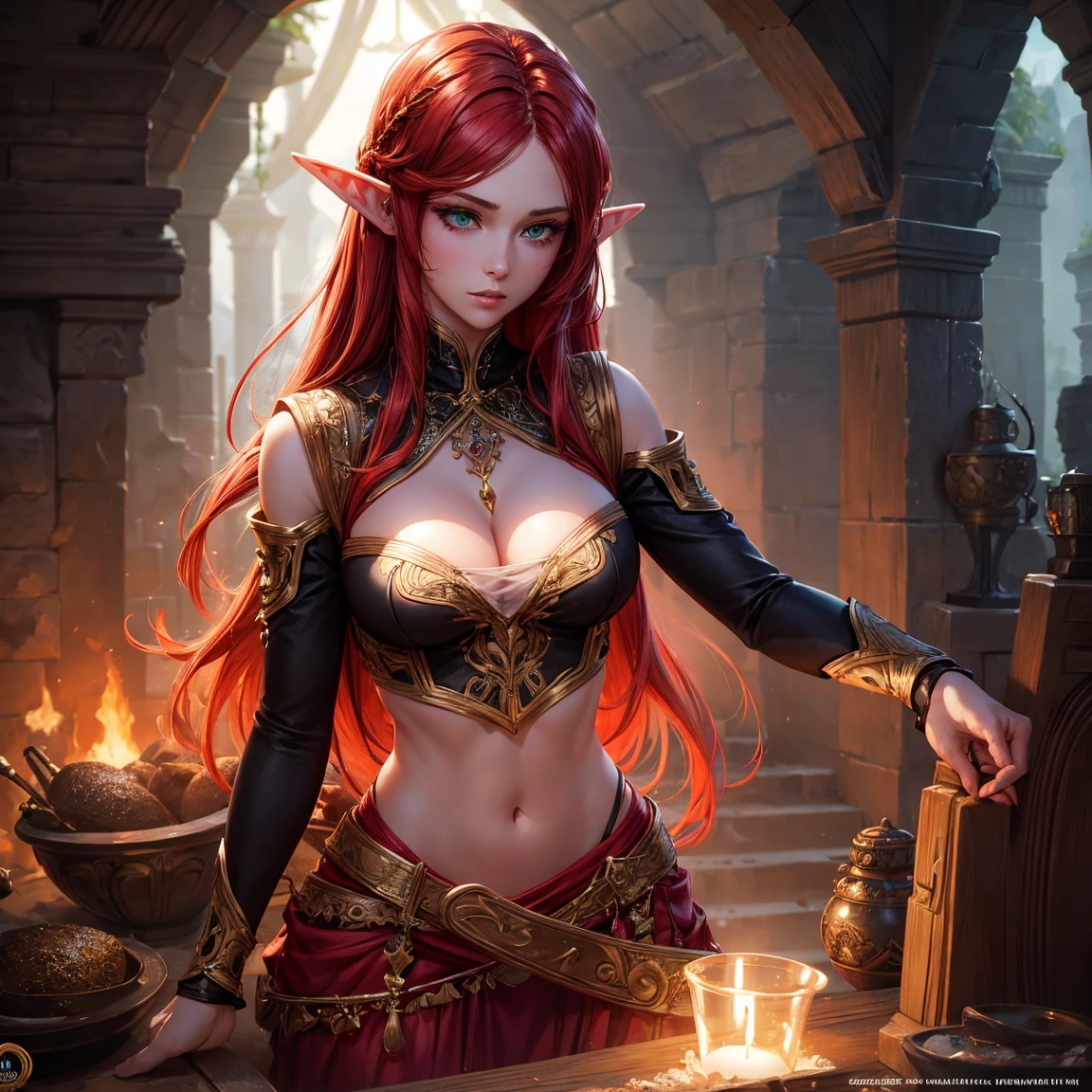 a girl, 1girl, elf, redhead long hair, breasts, long pointed ears, bright green eyes!!, green eyes!!, serious face, sexy red crop top, deep neckline, sexy red skirt, fire magic, full body, full body, tent, very sexy body, detailed face, beautiful detailed eyes, beautiful detailed lips, extremely detailed eyes and face, long eyelashes, detailed clothing, intricate details, highly detailed, photo realistic, 8k, best quality, masterpiece, cinematic lighting, dramatic lighting, vibrant colors, fantasy, digital art, concept art