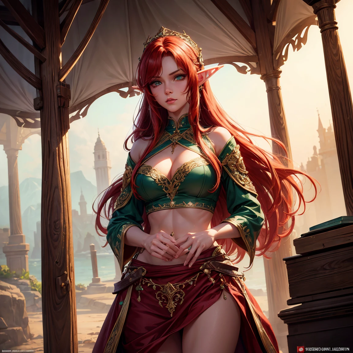 a girl, 1girl, elf, redhead long hair, breasts, long pointed ears, bright green eyes!!, green eyes!!, serious face, sexy red crop top, deep neckline, sexy red skirt, fire magic, full body, full body, tent, very sexy body, detailed face, beautiful detailed eyes, beautiful detailed lips, extremely detailed eyes and face, long eyelashes, detailed clothing, intricate details, highly detailed, photo realistic, 8k, best quality, masterpiece, cinematic lighting, dramatic lighting, vibrant colors, fantasy, digital art, concept art