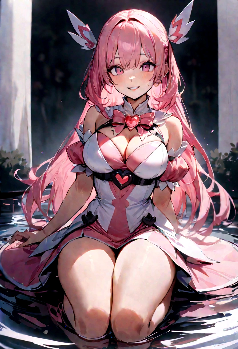 (masterpiece, 最high quality:1.2), High resolution, High resolution, alone, One girl, Droopy eyes, Pink Hair, Magical girl, Long Hair, White and light pink outfit, Gothic style clothing, Pink Eyes, smile, View your viewers, seiza, Heart-shaped hair, Side bust, Magical girl, big, big chest, light smile, teeth, Portrait Shot, Upper Body Shot, Sitting, 桜が舞い散るなかにSitting, foot in water, foot crossed, foot, Thighs, procedure, Blur the background, Are standing, Beautiful Face, Perfect Fingers, Perfect Anatomy, Portrait Shot, masterpiece, high quality.