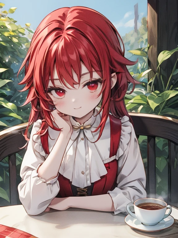 (8K, Highest quality, Tabletop:1.2)、Ultra-high resolution, Detailed face, Mischievous Smile, One , Red eyes, Red hair, Braiding, Long Hair, Red ribbon on head, Red dress, blue sky, in the forest, wood, table cloth, Set of cake and tea on the table, Sit on a chair, (victorian dress:1.2)