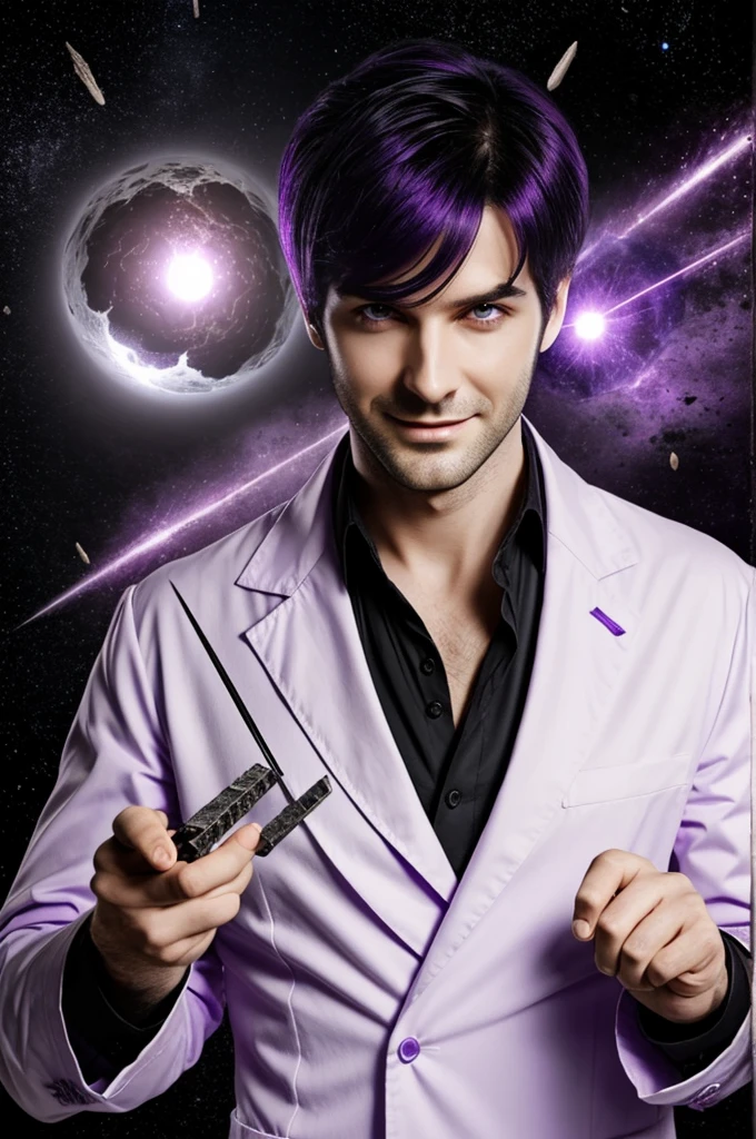 A 30 year old male evil scientist with purple eyes, white coat, purple shirt, black tie, evil smile, left parted hairstyle, bangs covering his left eye, pale skin, black hair, holding a piece of meteorite with purple aura and a sociopathic look