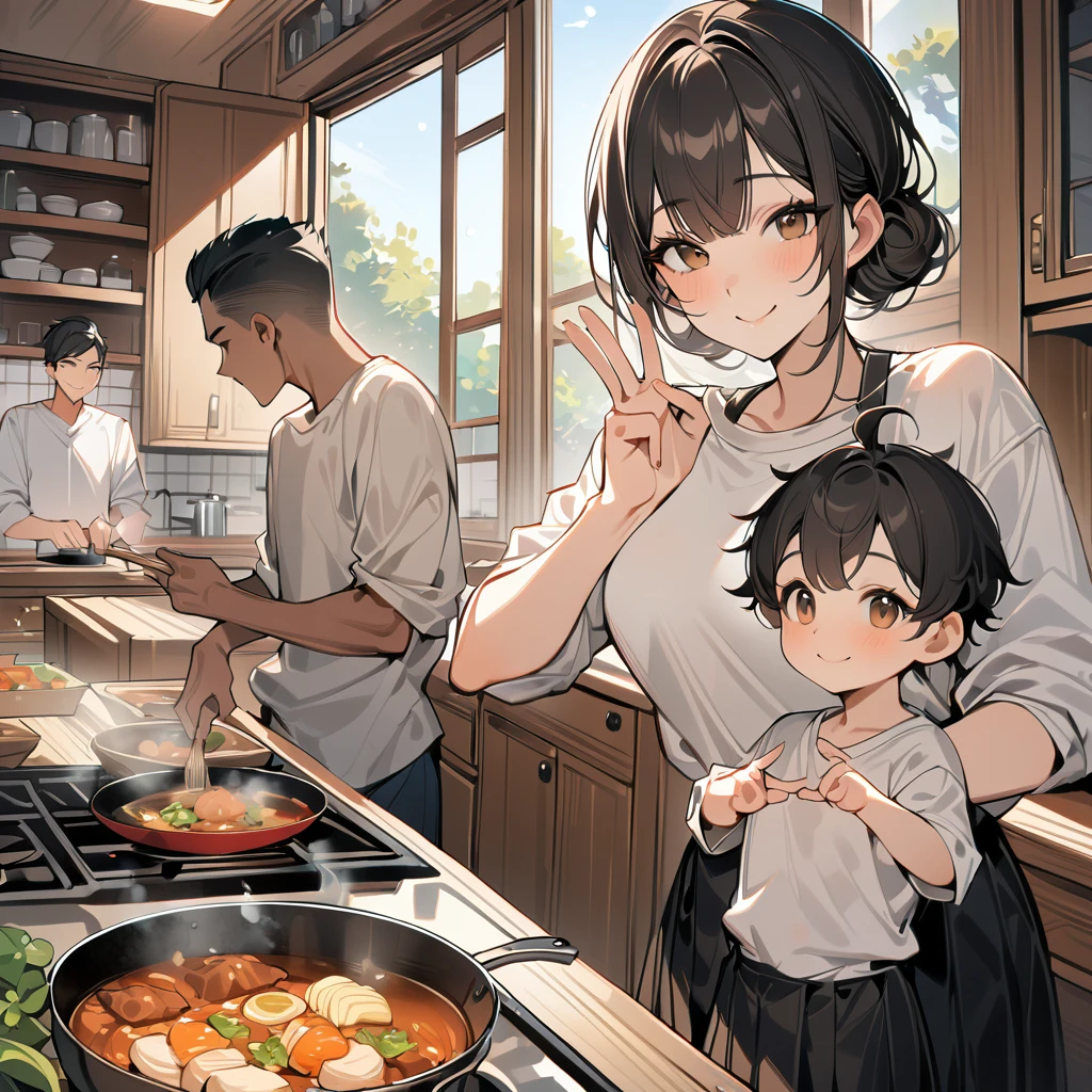 ((Highest quality, 8K, Masterpiece:1.3)), Young men and women, A confident smile, In the kitchen with a big window, enjoy, Cooking Japanese food, Smiling child, talk, Peace sign gesture, Short black hair, Brown eyes, Brown Skin, student, Shirt and skirt, indoor, The face is very detailed, The fingers are very small