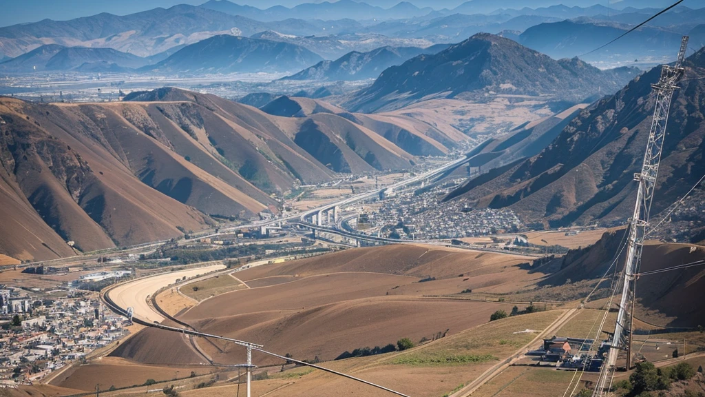 Several telecommunications towers interconnected by wires that cross the valley