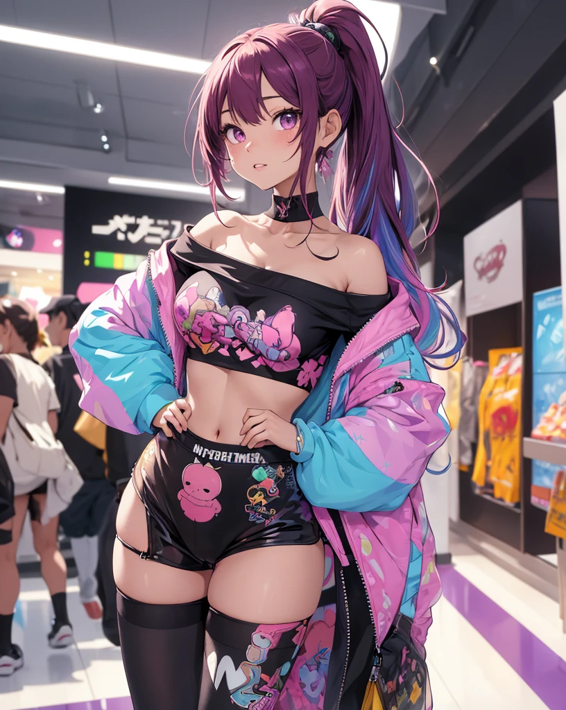 ((master part)), best quality, absurderes, ultra detaild, Holographic, cowboy shot, proportion Aurea, super cute girl,  Madura, Idol girl, Super beautiful asian girl with very cute violet bright eyes, Beautiful multicolored bright brown hair, high ponytail, nice and sexy body, body skinny, perfectbody, wearing a super tight anime print knit, Anime Print Super Tight Off Shoulder Long Sleeve Crop Top, a super aesthetic mini transparent jacket, cute hair ornament, Pink Jordan Sneakers, being photographed in a mall store, pulling down shorts showing G-string panties, ((nsfw)), {{Lewd}}