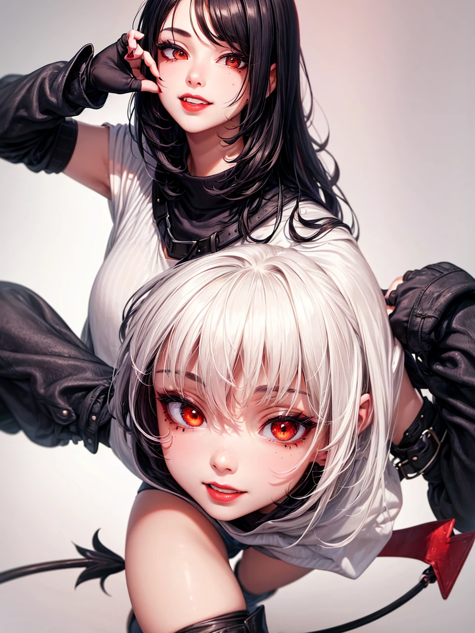 (((1girl))), solo, mole, hair over one eye, black hair, mole under eye, lips, realistic, red lips, looking at viewer, teeth, grey background, demon, (extremely detailed 8K wallpaper:1.1), best quality, highres, 4k, uhd, masterpiece, classroom, multicolored hair, smile, red left eye, Green right eye, hodie, fingerless Gloves, black denim jeans, black boots, down hands