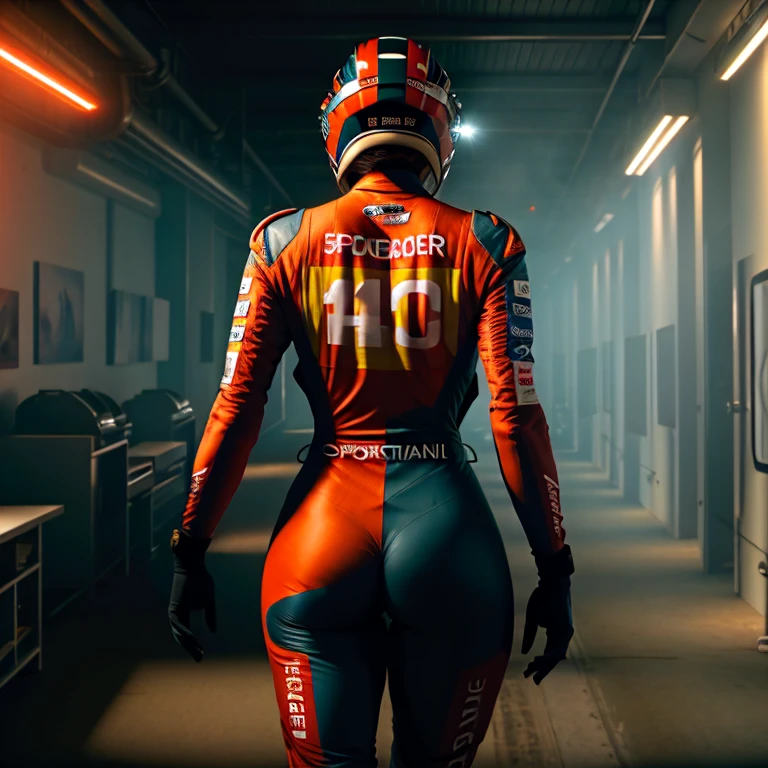 Masterpiece, highest quality, rear angle, Highly detailed photo of a (female race driver wearing red Ferrar race suit, helmet, with tinted face shield, HANS Device, accentuated booty), athletic body, big ass, [wide hips], (walking an watching all auidence on the race track) (race track:1.1), (race track), lush vibrant foliage, (one moon in the sky:0.8), (hyperdetailed, intricately detailed), background Spa The Raidillon, (sci-fi), during the day, (lens flare:0.5), (bloom:0.6), particle effects, (cinematic lighting:1.1), sharp shadows, ambient light, [bioluminescente], raytracing, photographed on a Fujifilm X-S10 Mirrorless Camera, 25mm F2.8 ultra-wide-angle lens, sharp focus, Cinestill 800T, still frame from Rush 2013, 8k, HDR, from behind