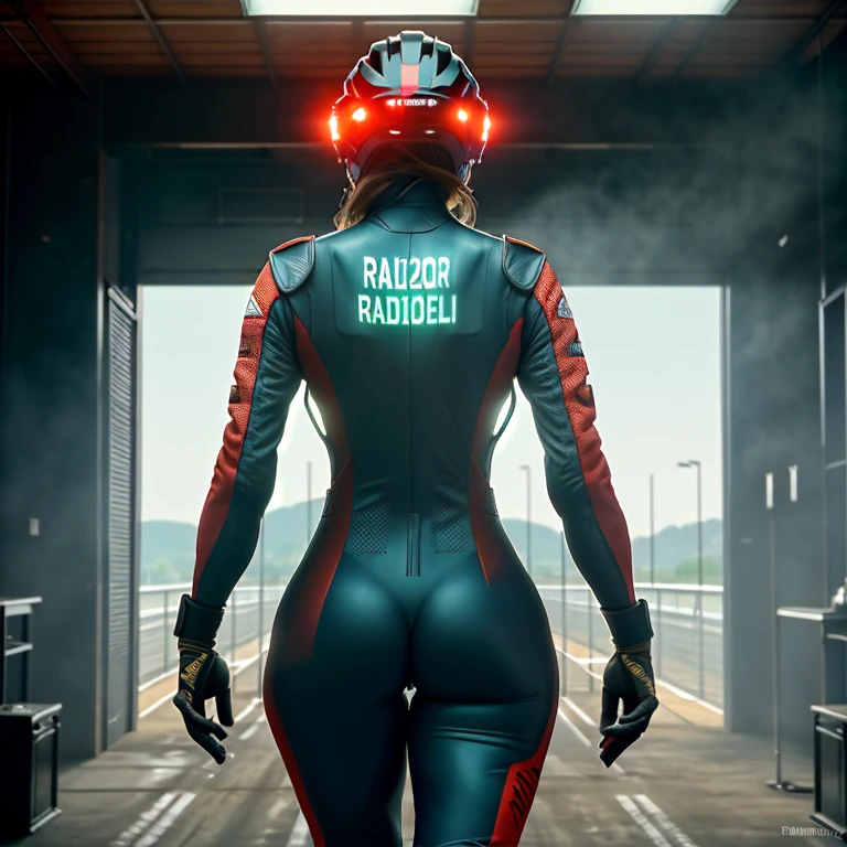Masterpiece, highest quality, rear angle, Highly detailed photo of a (female race driver wearing red Ferrar race suit, helmet, with tinted face shield, HANS Device, accentuated booty), athletic body, big ass, [wide hips], (walking an watching all auidence on the race track) (race track:1.1), (race track), lush vibrant foliage, (one moon in the sky:0.8), (hyperdetailed, intricately detailed), background Spa The Raidillon, (sci-fi), during the day, (lens flare:0.5), (bloom:0.6), particle effects, (cinematic lighting:1.1), sharp shadows, ambient light, [bioluminescente], raytracing, photographed on a Fujifilm X-S10 Mirrorless Camera, 25mm F2.8 ultra-wide-angle lens, sharp focus, Cinestill 800T, still frame from Rush 2013, 8k, HDR, from behind
