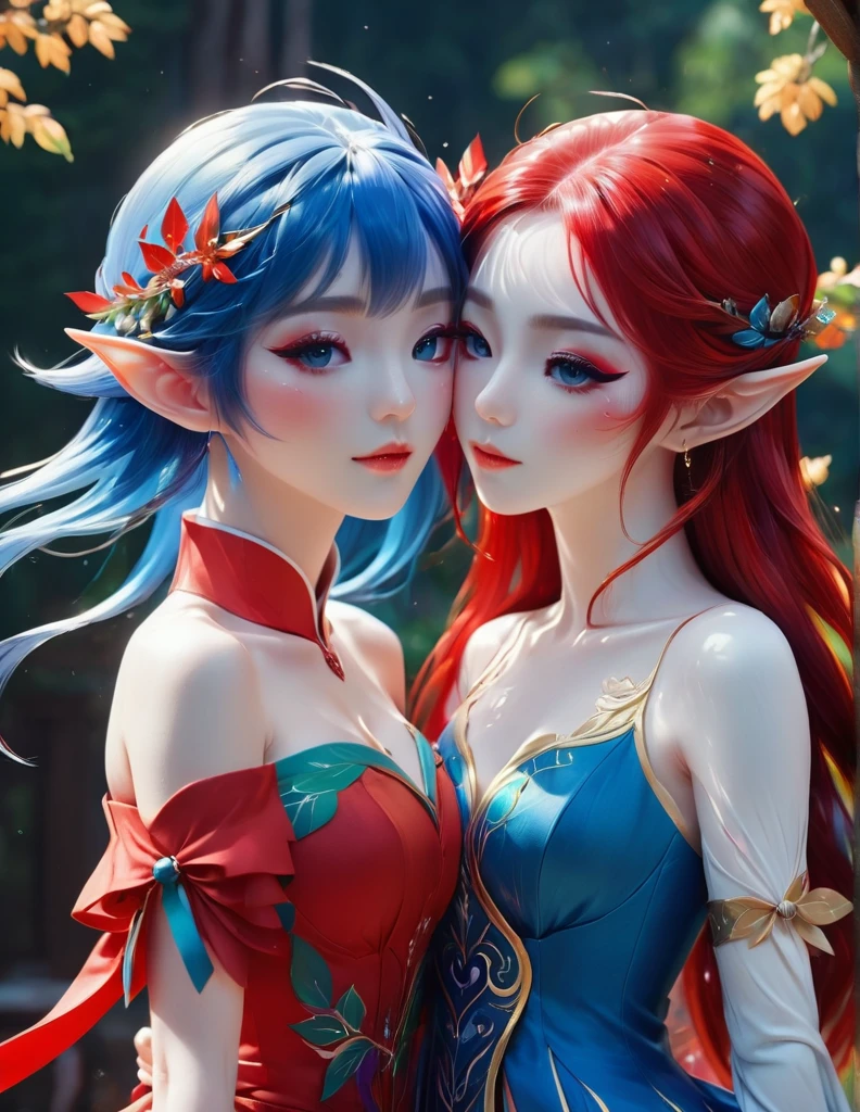 quality(8k wallpaper of extremely detailed CG unit, masterpiece, hight resolution, top-quality, top-quality real texture skin,hyper realisitic, digitial painting,increase the resolution,RAW photos,best qualtiy,highly detailed,the wallpaper),BREAK,8K, onmyoji-style art, elf Girl and elf girl , hugging, blue and red hair, dress, colorful makeup,