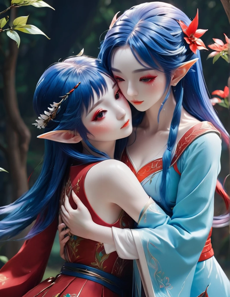 quality(8k wallpaper of extremely detailed CG unit, ​masterpiece, hight resolution, top-quality, top-quality real texture skin,hyper realisitic, digitial painting,increase the resolution,RAW photos，best qualtiy,highly detailed,the wallpaper),BREAK,8K, onmyoji-style art,  elf Girl and  elf girl ,  hugging, blue and red hair, dress, colorful makeup, 
 
