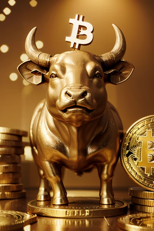 make a 3D image of  a bull  holding  bitcoin the crypto currency while smiling