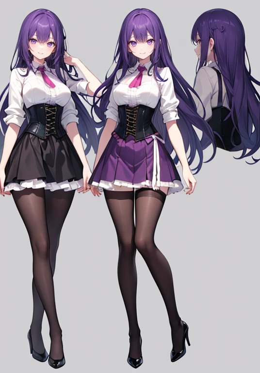 Purple Hair,voluminous long hair,Adult female,((Roll up your sleeves)),(corset),(skirt),(High heels),((Simple white background)),smile,((whole body)),((full body))