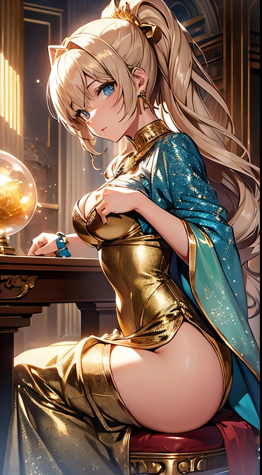 最high quality、Best image quality、masterpiece、With a girl((18-year-old、Gold underwear,Best Bust、Medium Bust、Bust 85,Beautiful Blue Eyes、Spread your chest wide,Sexy Gold Dress、Gold Miniskirt、Gold earrings、Gold Necklace、Gold Ring、Shining golden ponytail、Skirt flutters、Use magic))high quality、Beautiful art、background(Shining meteors,Cosmos、Gold Room、Gold Table、Gold Chair、monitor、Gold Room、Gold Bookshelf、Golden Faragic Circle)),Tabletop、Exquisite design、Visual Arts、Depth of written boundary、Best lighting、Highest detail、Front angle