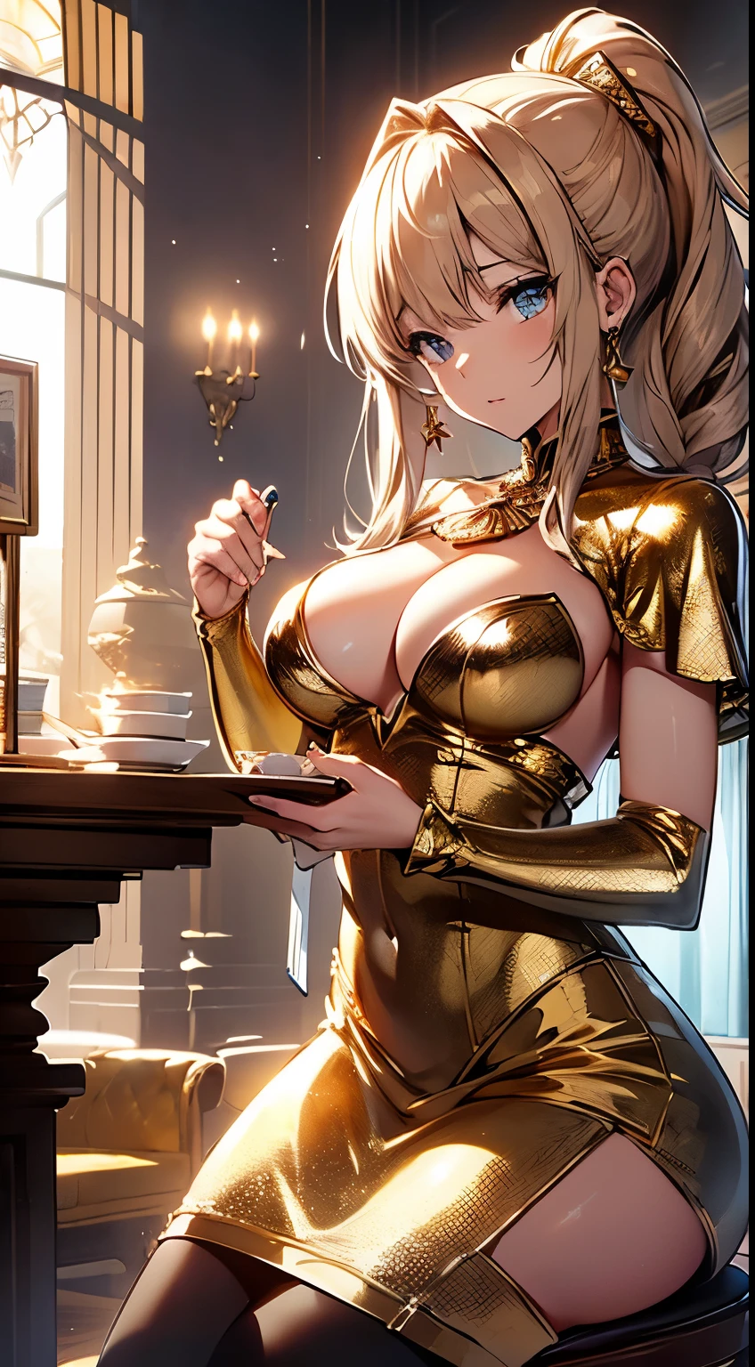最high quality、Best image quality、masterpiece、With a girl((18-year-old、Gold underwear,Best Bust、Medium Bust、Bust 85,Beautiful Blue Eyes、Spread your chest wide,Sexy Gold Dress、Gold Miniskirt、Gold earrings、Gold Necklace、Gold Ring、Shining golden ponytail、Skirt flutters、Use magic))high quality、Beautiful art、background(Shining meteors,Cosmos、Gold Room、Gold Table、Gold Chair、monitor、Gold Room、Gold Bookshelf、Golden Faragic Circle)),Tabletop、Exquisite design、Visual Arts、Depth of written boundary、Best lighting、Highest detail、Front angle