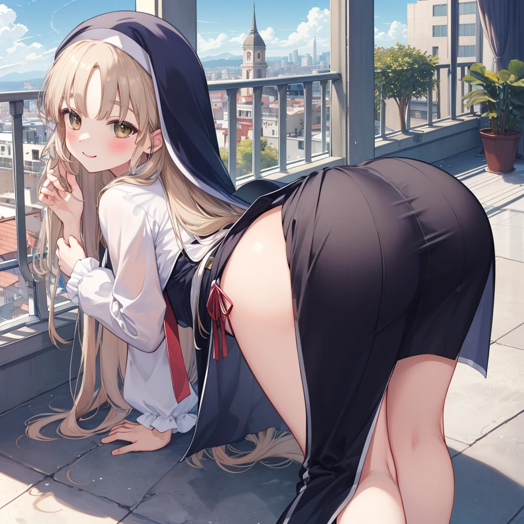 masterpiece, Highest quality, High Resolution, HS1,blush、smile,NSFW、Balcony、priest clothes、Cute ass、On all fours