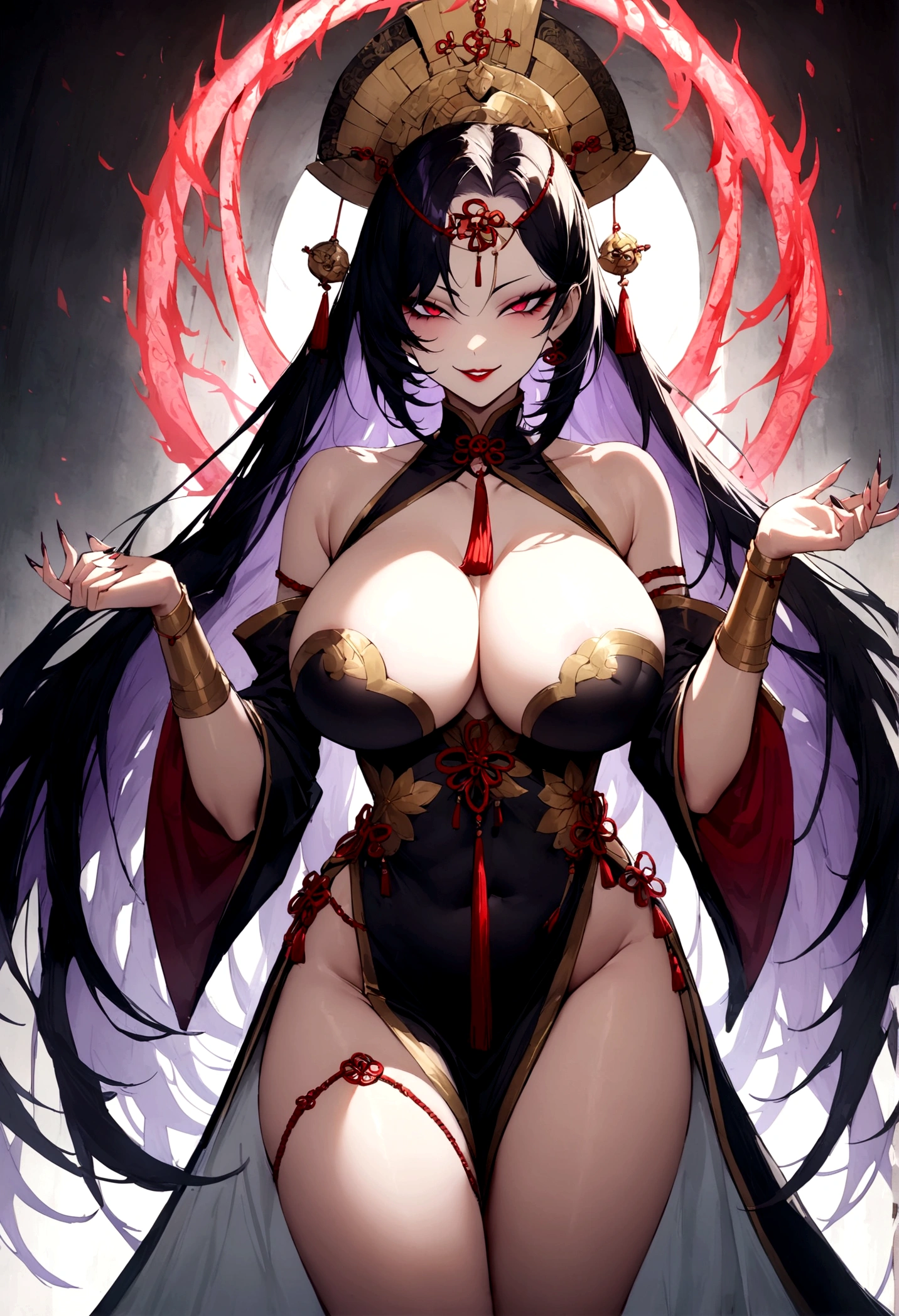 goddess of slavery, goddess of devotion, beautiful, evil, seductive, evil smile, perfect body, chinese style clothing, large breast, godly aura