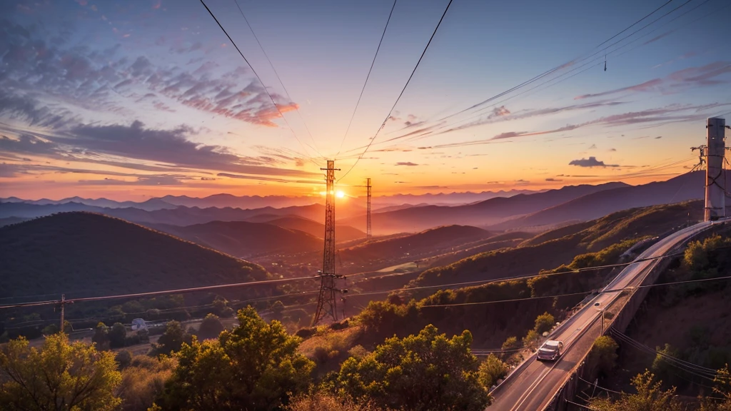 Telecommunication towers interconnected by wires that cross the valley. Close view with beautiful sunset