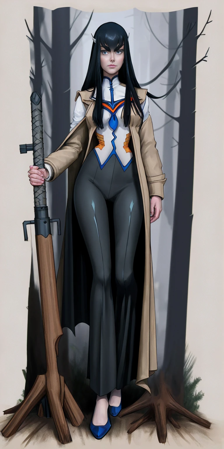 female Satsuki Kiryuin, Satsuki Kiryuin from Kill-la-Kill, mesh stockings, standing with a katana, full height, bottom view, best quality, very detailed, ultra 8k resolution, coat, vest, long skirt, portrait, full body, victorias clothing, long dress, knight, pants, black skinn suit, medieval city, plants, vest,polo shirt, forest, long skirt