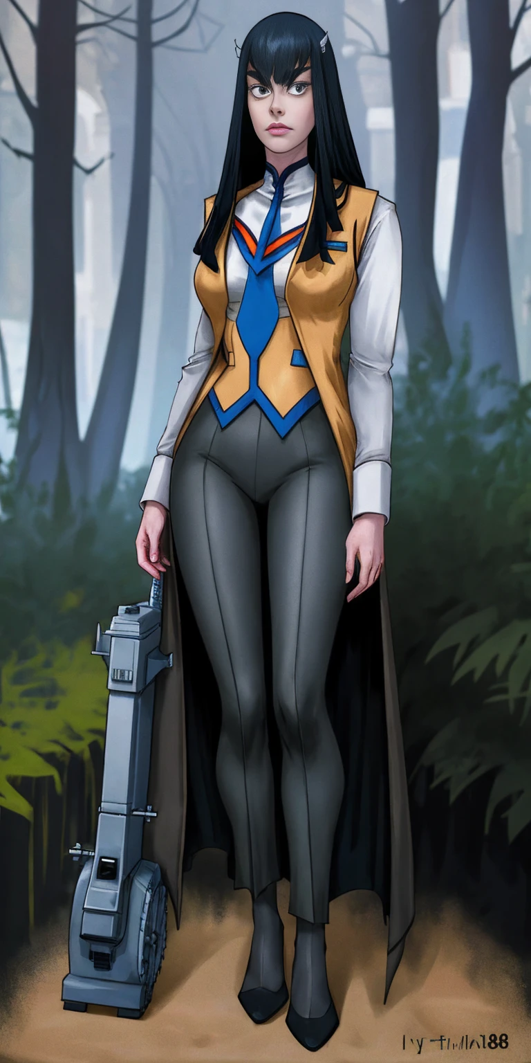 female Satsuki Kiryuin, Satsuki Kiryuin from Kill-la-Kill, mesh stockings, standing with a katana, full height, bottom view, best quality, very detailed, ultra 8k resolution, coat, vest, long skirt, portrait, full body, victorias clothing, long dress, knight, pants, black skinn suit, medieval city, plants, vest,polo shirt, forest, long skirt