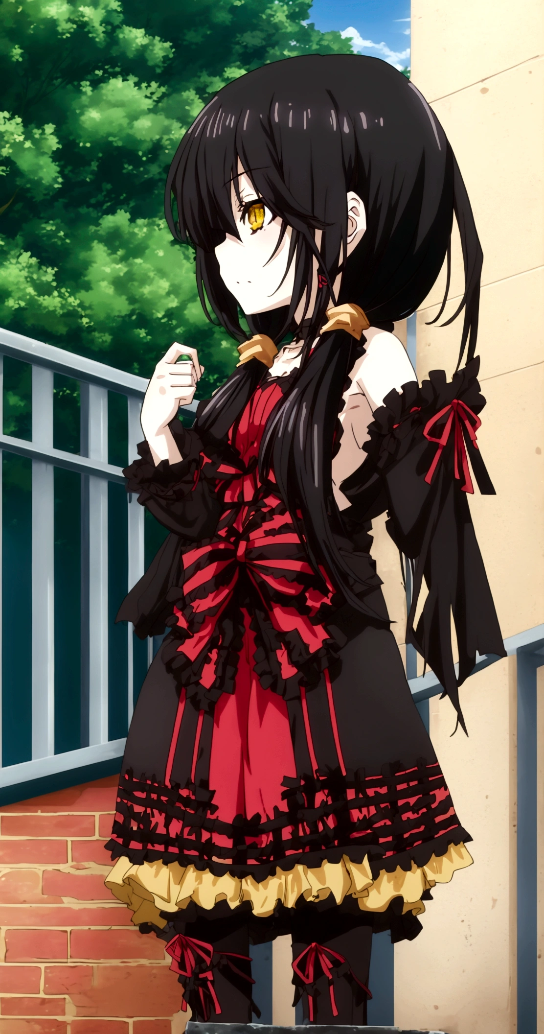 1girl, whole body, standing tall, bend back. thick, Tokisaki Kurumi, black hair, two pigtails, right eye bright red, left eye bright yellow, tokisaki kurumi