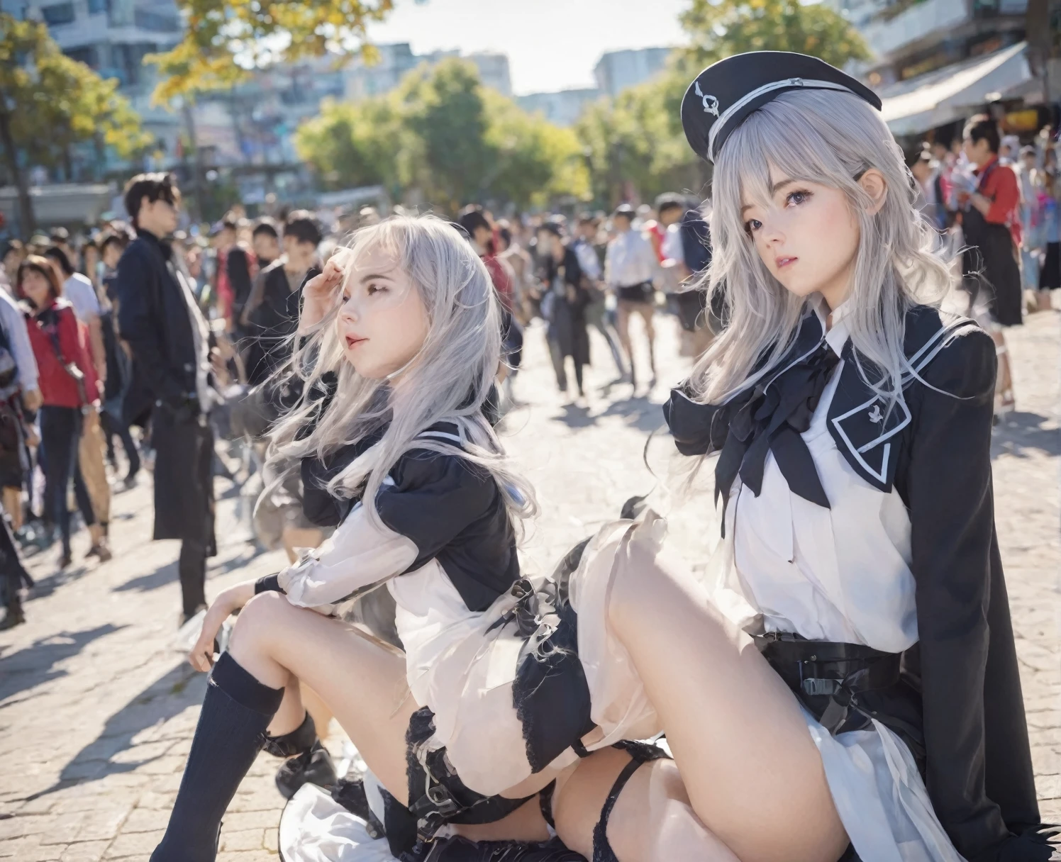BREAK Perfect Anatomy、(High resolution:1.2)、Incredible illustrations、(Cute illustrations:1.2),(yuri,)(Beautiful background,)(from below,dutch angle) 2gial(((blonde hair,shiny hair,hair intakes:1.8,long hair)(doyagao)(Black coat,ゴシック・ータ風Combat Uniform,,garter straps,Eye patch:1.5),(a girl, ,height 1.7meters, 40kg),,17-year-old,flat chest))((gradient grey hair,shiny hair,hair intakes:1.4,long hair:1.5,Dark Skin:1.6)(Black coat,Combat Uniform,,slut,garter straps,Eye patch),(a girl,flat chest,1.5meters, 40kg),,17-year-old,flat chest)) Cosplayer surrounded by people
