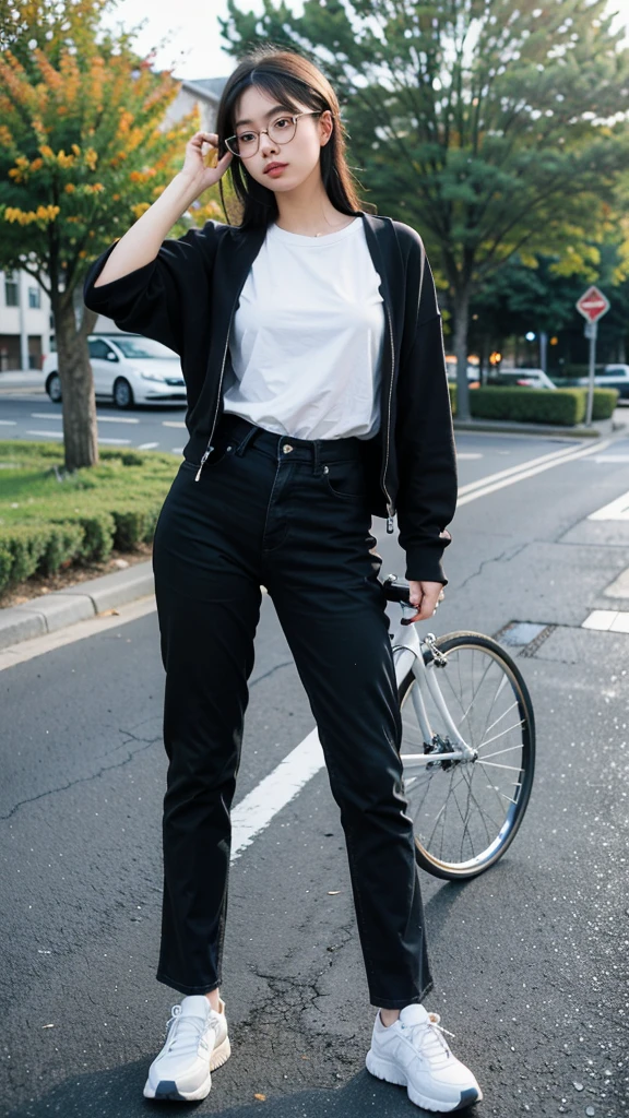 Thick-rimmed glasses. (detailed black rim glasses). 20-years-old beautiful female. Stand right next to the bike. Put the hand on the bicycle handle. whole body, entire body, full body, upright stance, thick pants, shoes, both hands, (wearing white headphones), black hair, Clothes suitable for autumn, total body, front of whole body, masterpiece, top quality, masterpiece, best quality, ultra-high res, sharp focus, high-definition eyes