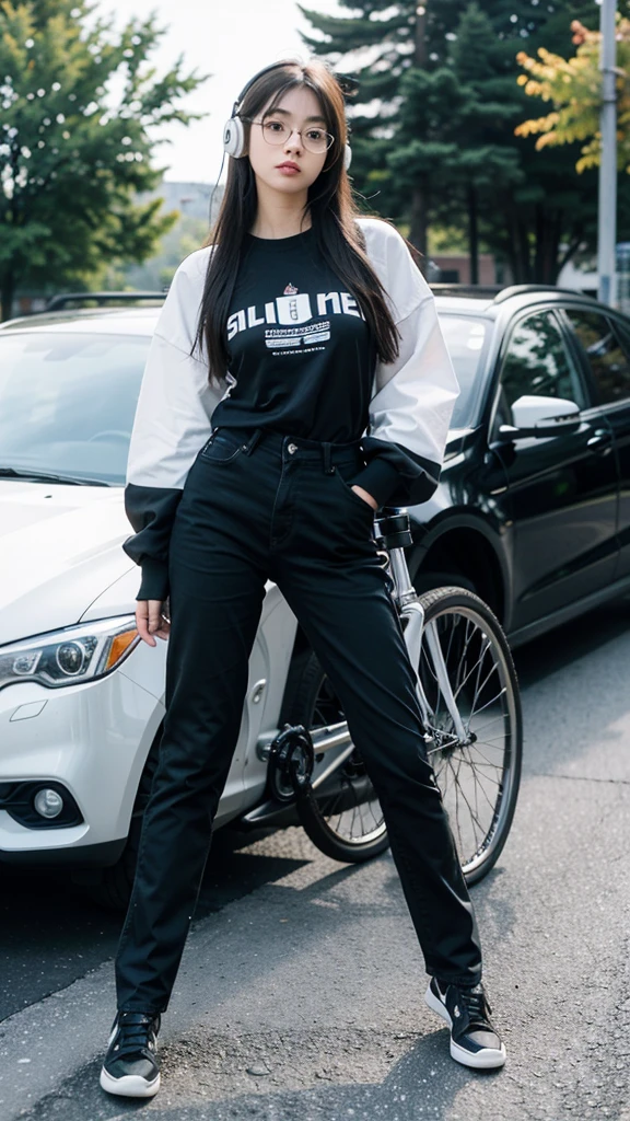 Thick-rimmed glasses. (detailed black rim glasses). 20-years-old beautiful female. Stand right next to the bike. Put the hand on the bicycle handle.  whole body, entire body, full body, upright stance, thick pants, shoes, both hands, (wearing white headphones), black hair, Clothes suitable for autumn, total body, front of whole body, masterpiece, top quality, masterpiece, best quality, ultra-high res, sharp focus, high-definition eyes