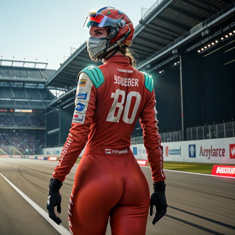 Masterpiece, highest quality, rear angle, Highly detailed photo of a (female race driver wearing red Ferrar race suit, helmet, with tinted face shield, HANS Device, accentuated booty), athletic body, big ass, [wide hips], (walking an watching all auidence on the race track) (race track:1.1), (race track), lush vibrant foliage, (one moon in the sky:0.8), (hyperdetailed, intricately detailed), background Spa turn The Raidillon, (sci-fi), during the day, (lens flare:0.5), (bloom:0.6), particle effects, (cinematic lighting:1.1), sharp shadows, ambient light, [bioluminescente], raytracing, photographed on a Fujifilm X-S10 Mirrorless Camera, 25mm F2.8 ultra-wide-angle lens, sharp focus, Cinestill 800T, still frame from Rush 2013, 8k, HDR, from behind