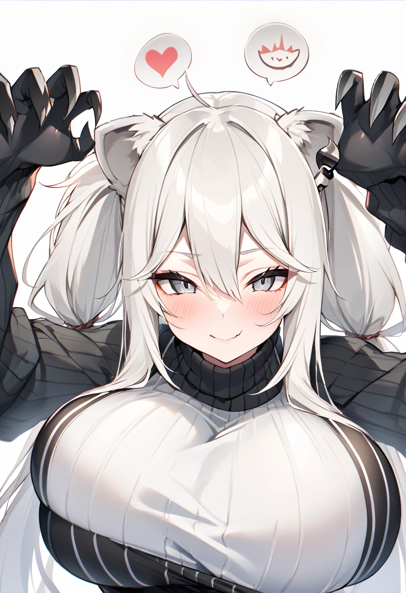 Shishirabotan、Black knitted clothes、Vertical sweater clothes、Black sweater、Huge breasts:1.5、sagging breast:1.5、1girl、portrait、spoken heart、face focus、straight hair、Twin tails、Slightly messy hair、White lion、claw pose