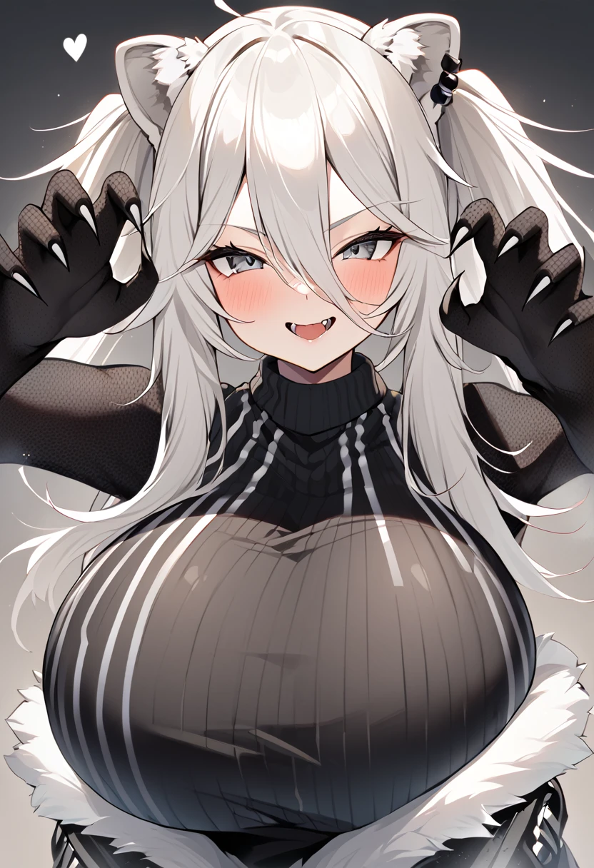 Shishirabotan、Black knitted clothes、Vertical sweater clothes、Black sweater、Huge breasts:1.5、sagging breast:1.5、1girl、portrait、spoken heart、face focus、straight hair、Twin tails、Slightly messy hair、White lion、claw pose
