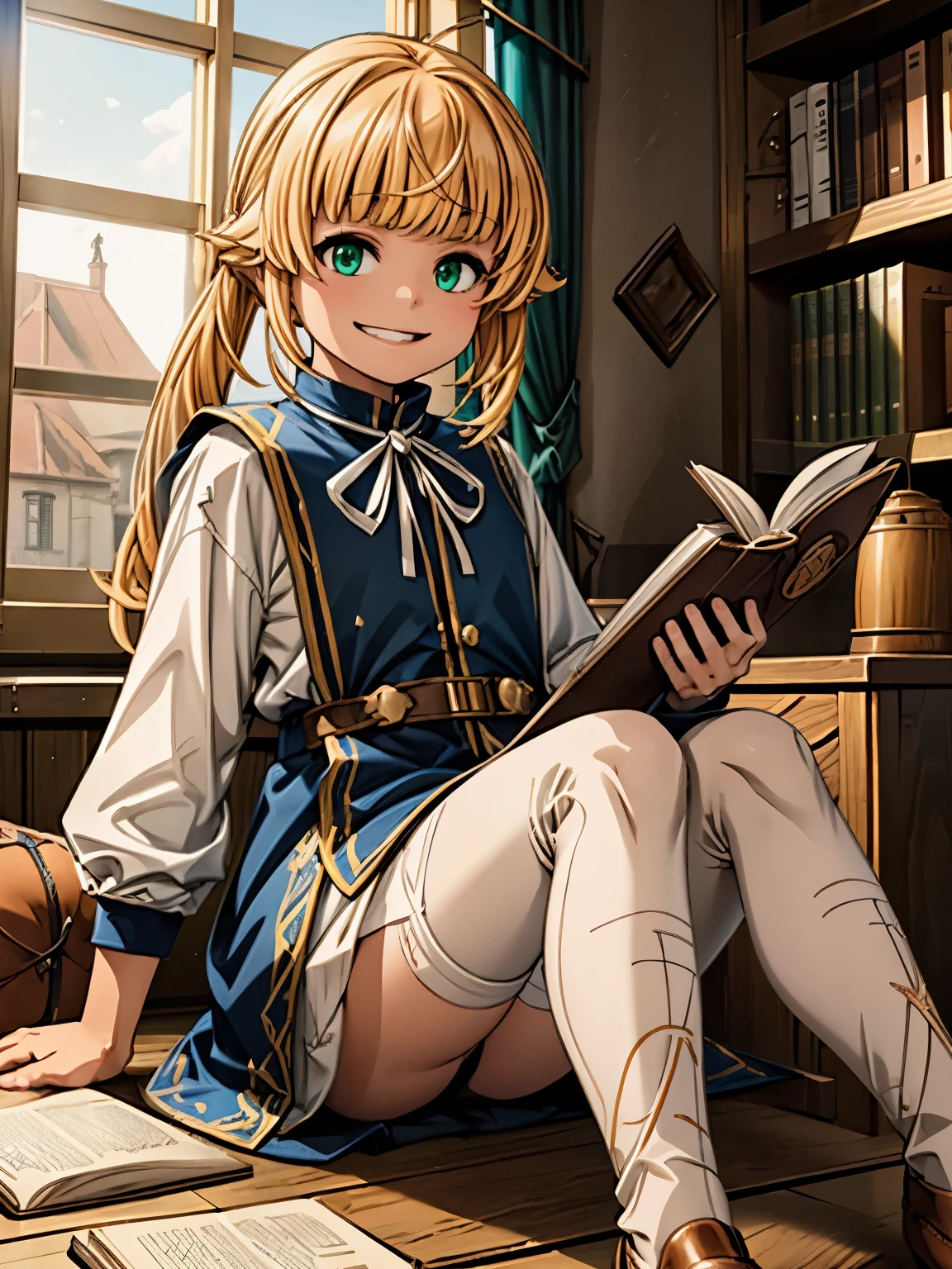 Kizi , HAIR GOLD  , 12 year old , Grinning , in a medieval classroom , Brown Shoe , white stockings, puffed chest, reading a book, sitting on the floor 