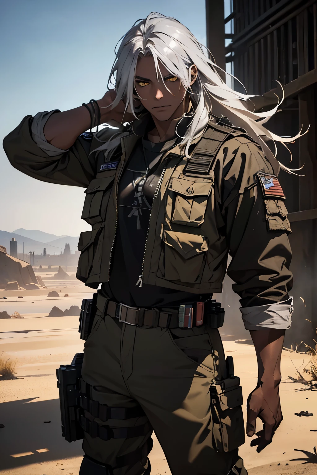 A 20-year-old man with dark skin, long silver hair, yellow eyes, wearing tattered clothes, mercenary outfit, holding a machine gun, desert background, (best quality,4k,8k,highres,masterpiece:1.2),ultra-detailed,(realistic,photorealistic,photo-realistic:1.37),dark moody lighting,cinematic composition,dramatic shadows,war-torn environment,gritty realism,military style,tactial gear,rugged features,intense expression,powerful pose,desolate landscape,dust storm,harsh sunlight