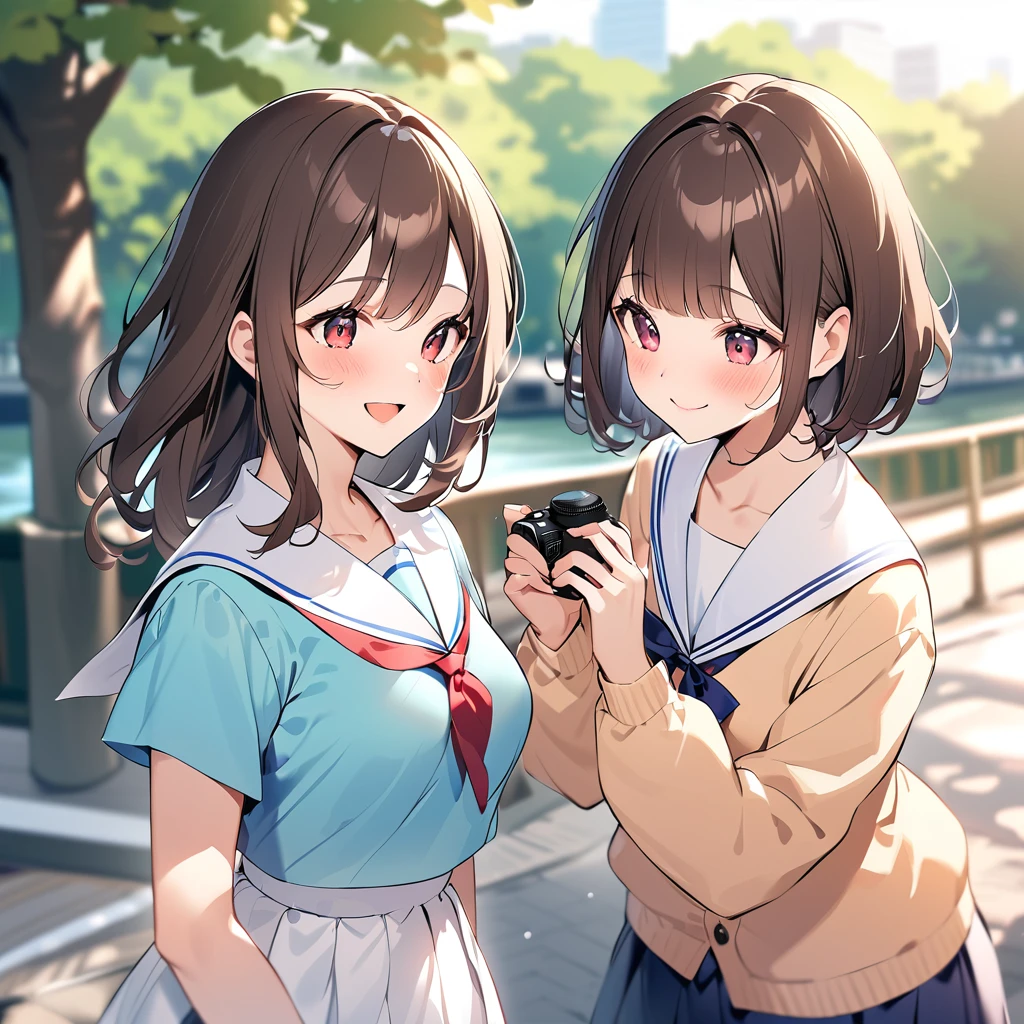 Two Japanese women taking photos in a park along the Sumida River in Japan、She is a 27-year-old woman.、Loose, Fluffy short hair and lob hair、One was a 31-year-old woman.、The chest is small、There is a dark brown lobe、the two are having fun、、small、Modest chest、Street Snap、Adult Women's Plain Clothes、Sailor suit、cardigan、Transparent feeling、Beautiful woman、Look at me with a smile、Gazing at each other