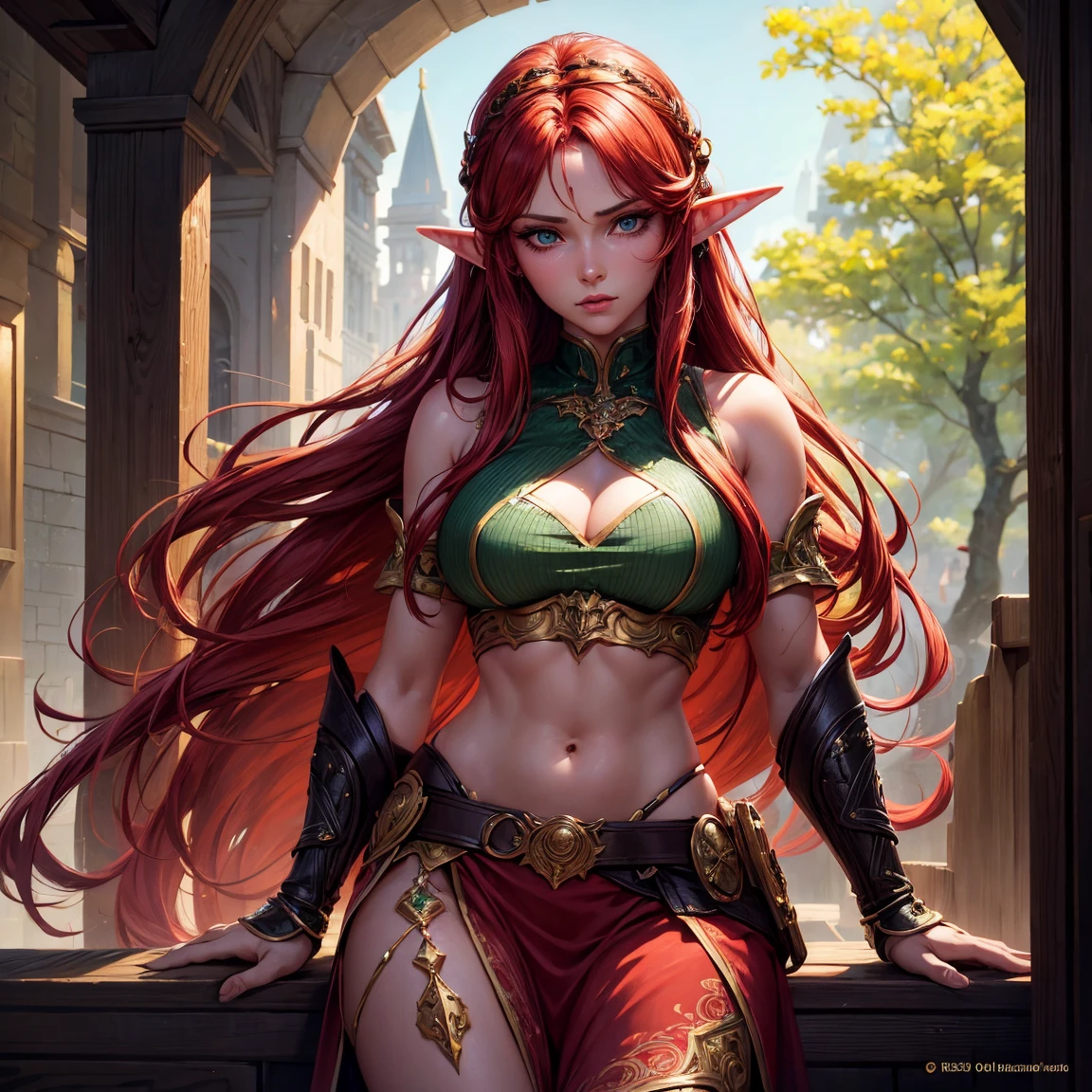 a girl, 1girl, elf, redhead long hair, breasts, long pointed ears, bright green eyes!!!, green eyes!!!, serious face, sexy red crop top, deep neckline, sexy red skirt, fire magic, full body, full body, tent, very sexy body, detailed face, beautiful detailed eyes, beautiful detailed lips, extremely detailed eyes and face, long eyelashes, detailed clothing, intricate details, highly detailed, photo realistic, 8k, best quality, masterpiece, cinematic lighting, dramatic lighting, vibrant colors, fantasy, digital art, concept art