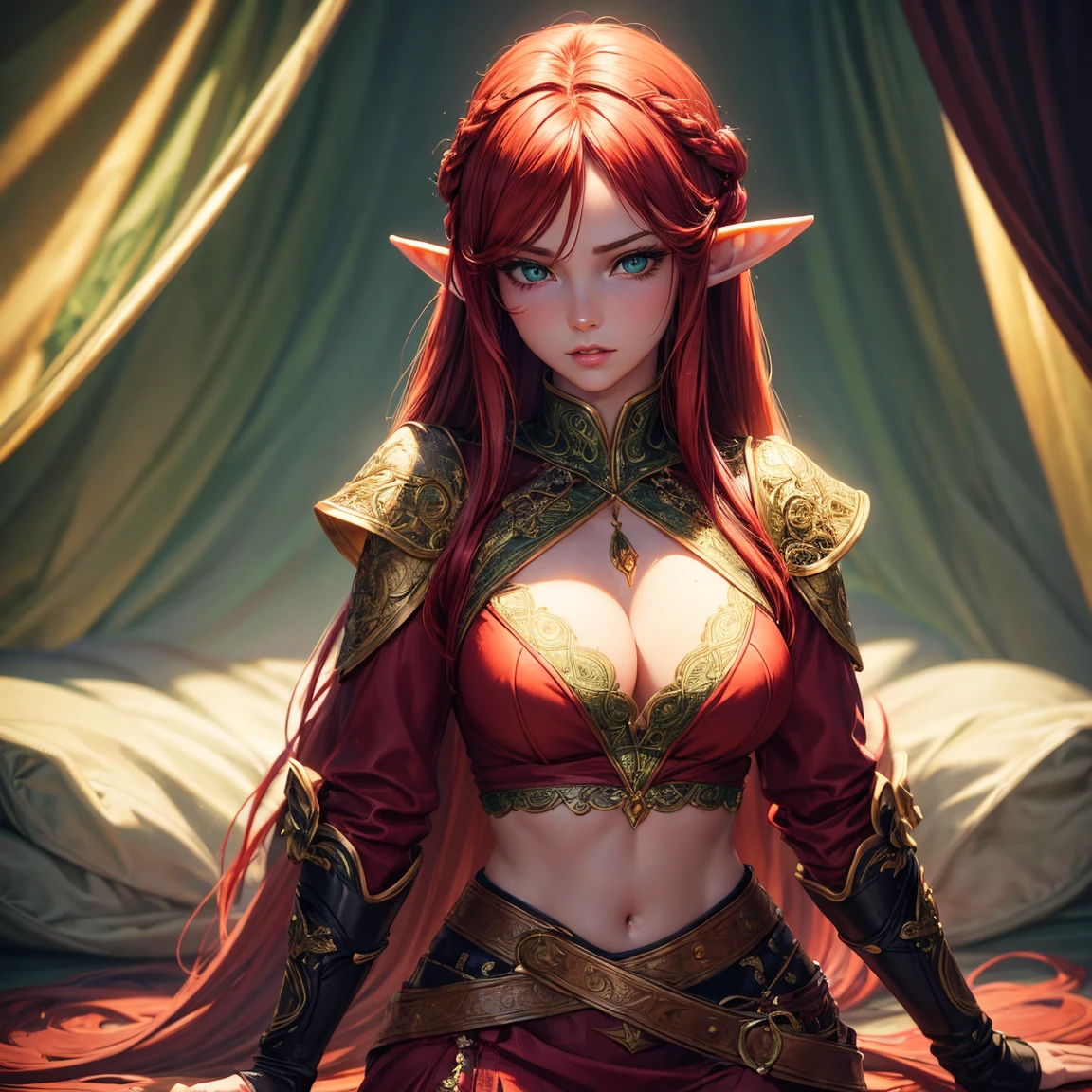 a girl, 1girl, elf, redhead long hair, breasts, long pointed ears, bright green eyes!!!, green eyes!!!, serious face, sexy red crop top, deep neckline, sexy red skirt, fire magic, full body, full body, tent, very sexy body, detailed face, beautiful detailed eyes, beautiful detailed lips, extremely detailed eyes and face, long eyelashes, detailed clothing, intricate details, highly detailed, photo realistic, 8k, best quality, masterpiece, cinematic lighting, dramatic lighting, vibrant colors, fantasy, digital art, concept art