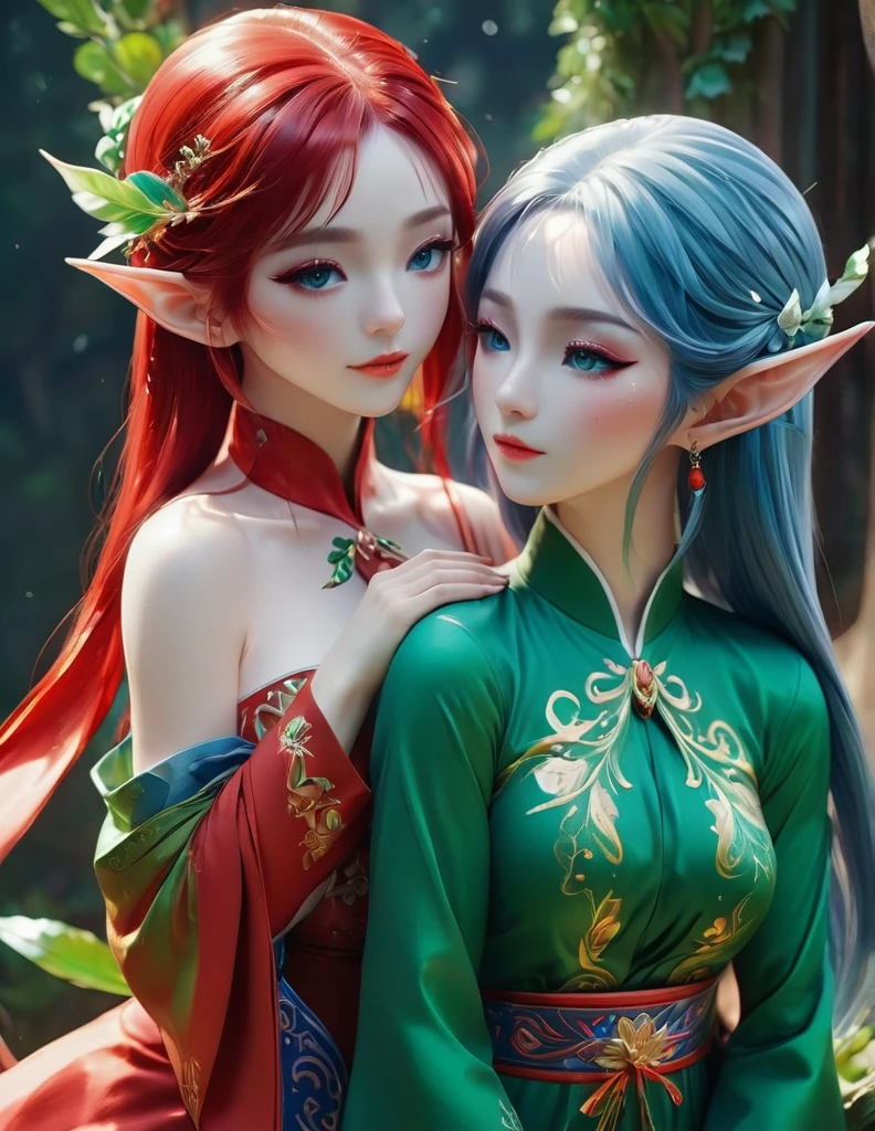 quality(8k wallpaper of extremely detailed CG unit, masterpiece, hight resolution, top-quality, top-quality real texture skin,hyper realisitic, digitial painting,increase the resolution,RAW photos,best qualtiy,highly detailed,the wallpaper),BREAK,8K, onmyoji-style art, elf Girl and elf girl , hugging, blue and red hair, dress, colorful makeup, green eyes