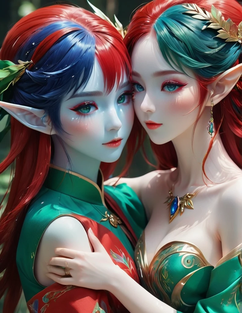 quality(8k wallpaper of extremely detailed CG unit, masterpiece, hight resolution, top-quality, top-quality real texture skin,hyper realisitic, digitial painting,increase the resolution,RAW photos,best qualtiy,highly detailed,the wallpaper),BREAK,8K, onmyoji-style art, elf Girl and elf girl , hugging, blue and red hair, dress, colorful makeup, green eyes