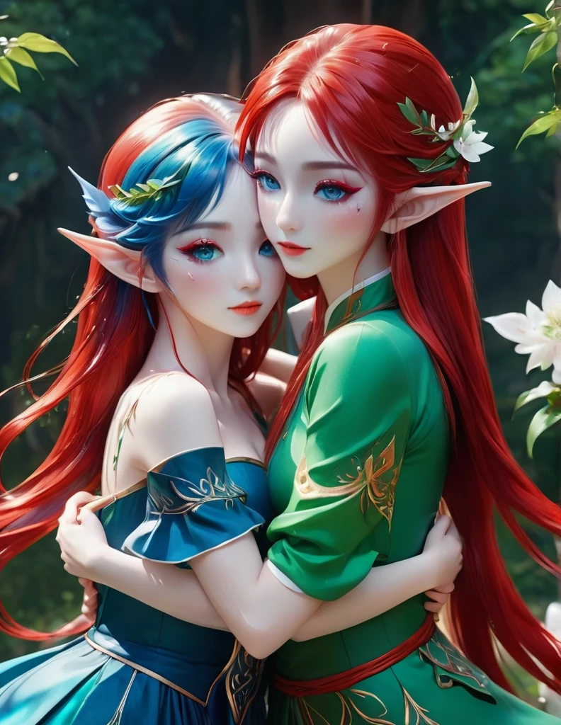 quality(8k wallpaper of extremely detailed CG unit, ​masterpiece, hight resolution, top-quality, top-quality real texture skin,hyper realisitic, digitial painting,increase the resolution,RAW photos，best qualtiy,highly detailed,the wallpaper),BREAK,8K, onmyoji-style art,  elf Girl and  elf girl ,  hugging, blue and red hair, dress, colorful makeup, green eyes 
 