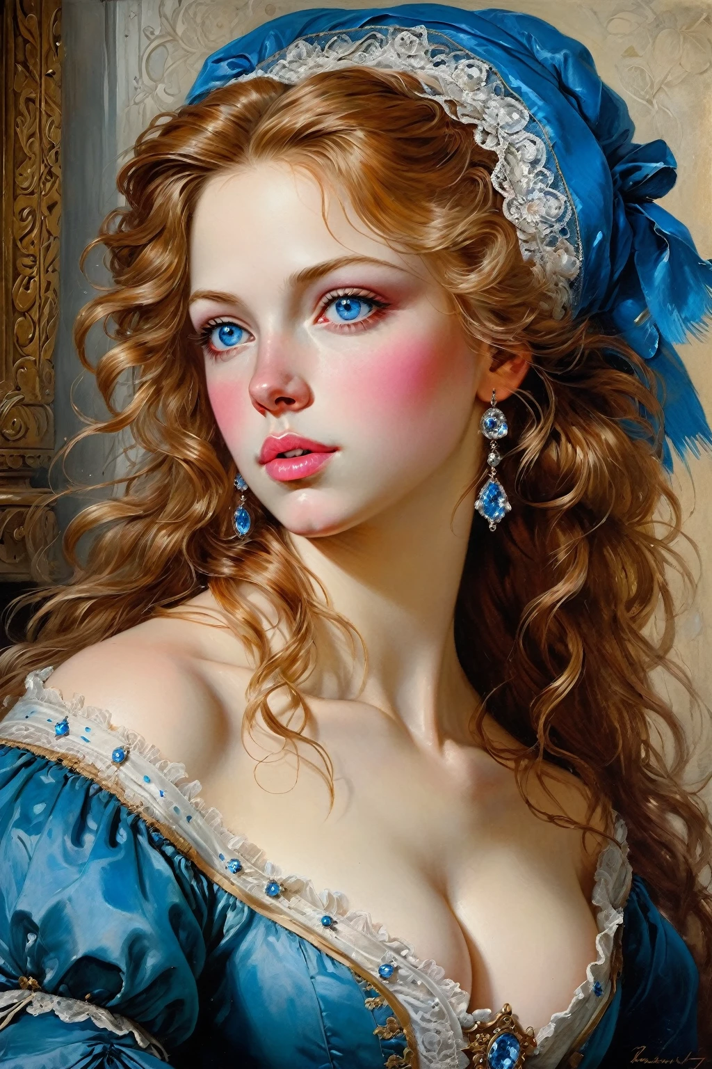 Victorian Hungarian women Women of the 18th century, very detailed Bright straight Hazel hair, Pink lips, very detailed Bright Diamond Blue eyes, Nice features, Wadim Kashin, James Gurney, ink, Splash Art, Amazing beauty, Royo, after sexing, Super detailed splash art modern European oil ink painting, Big Gorgeous chests, Gorgeous Body, oil painting, very detailed skin, Blush, Greg Rutowski.