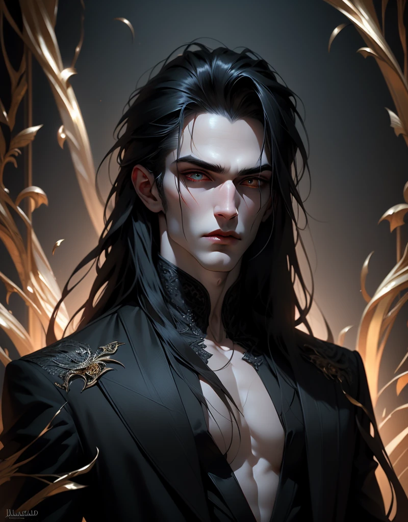 {anatomy}(Masterpiece - Ultra-detailed, very high resolution) Prepare to be enchanted by a true masterpiece that combines ultra-detailed art with high-resolution rendering. This work portrays a vampire man with long black hair (1.3) and captivating golden eyes (1.2), emanating an aura of mystery in decadent settings. The intricate details and realistic textures invite you to explore every aspect of this enchanting composition. Vampire man wearing black. Serious expressions. Pale skin like a vampire.