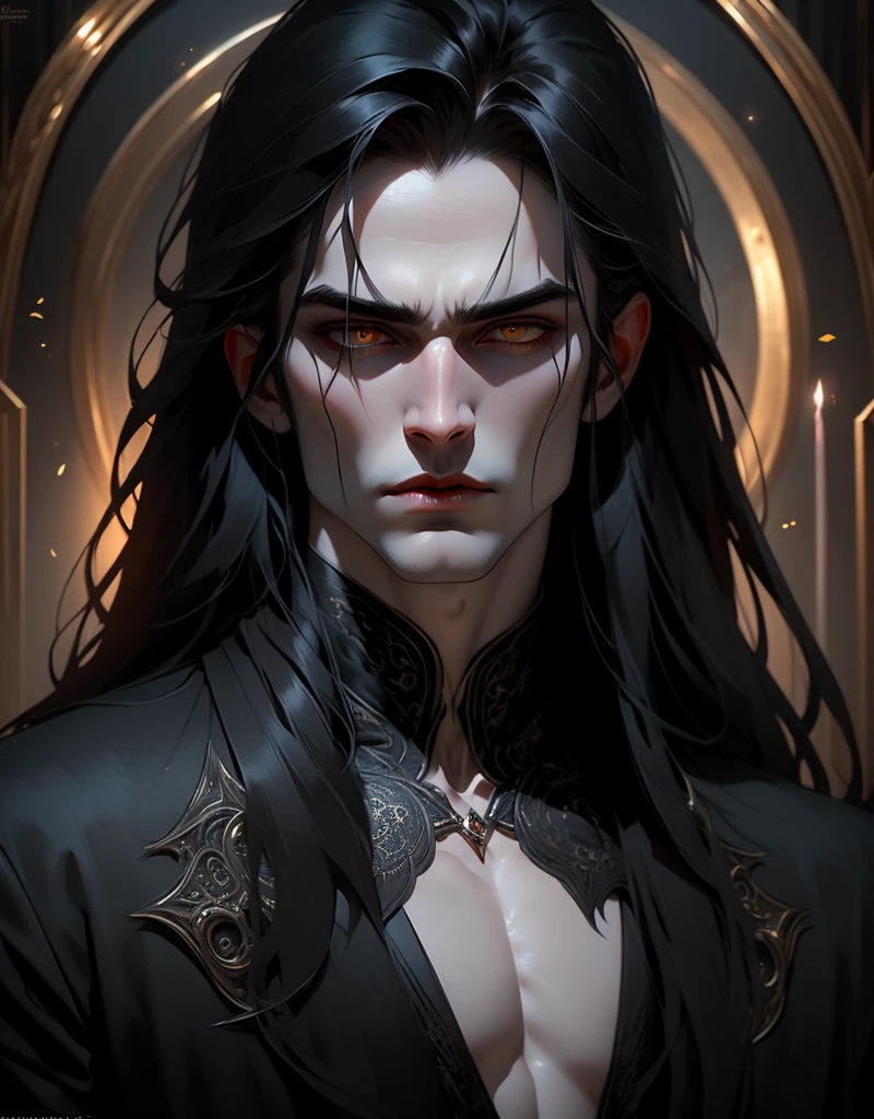 {anatomy}(Masterpiece - Ultra-detailed, very high resolution) Prepare to be enchanted by a true masterpiece that combines ultra-detailed art with high-resolution rendering. This work portrays a vampire man with long black hair (1.3) and captivating golden eyes (1.2), emanating an aura of mystery in decadent settings. The intricate details and realistic textures invite you to explore every aspect of this enchanting composition. Vampire man wearing black. Serious expressions. Pale skin like a vampire.