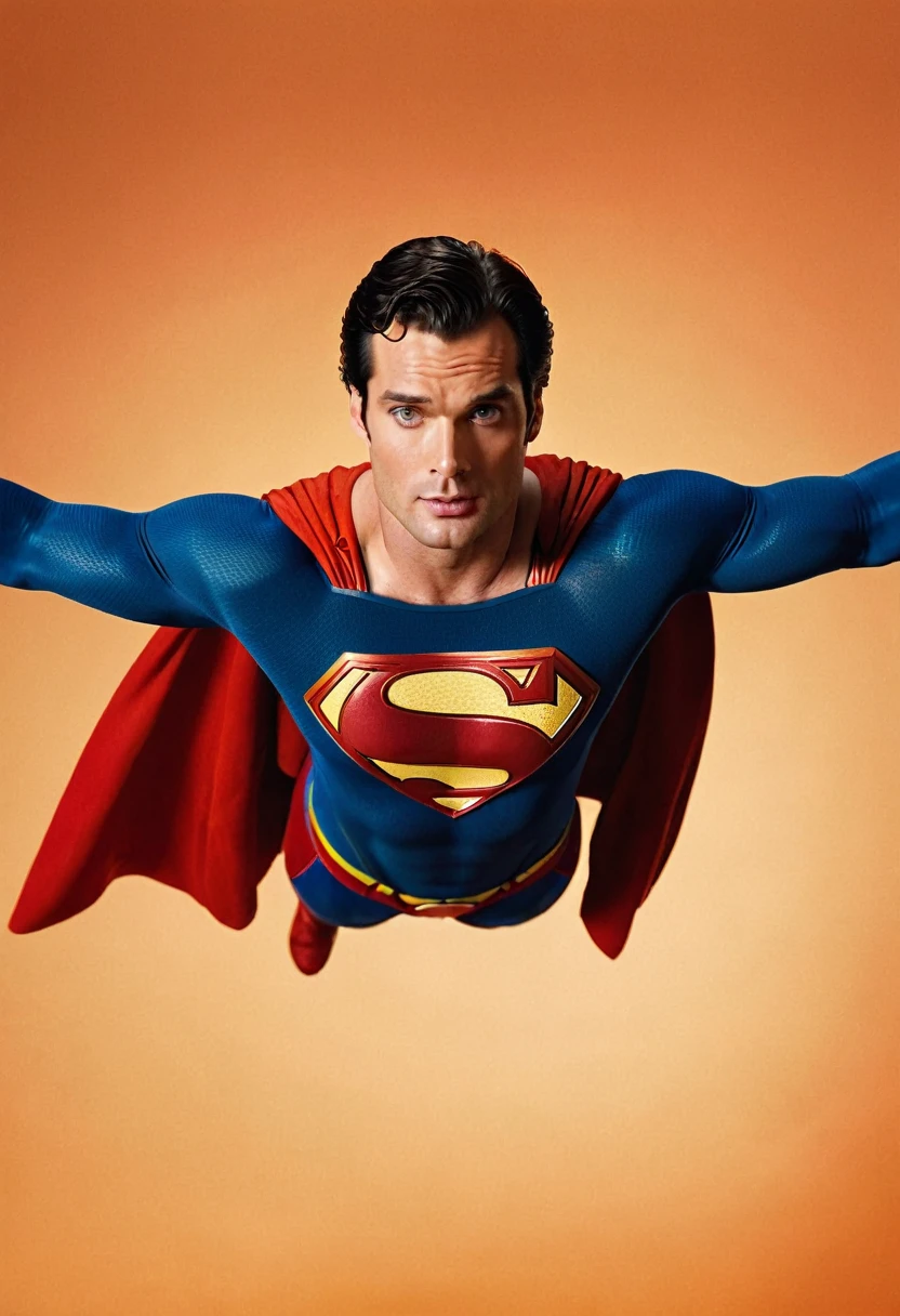A realistic cinematic portrait of ((one superman)) only, a A realistic cinematic portrait of ((one superman)) only, a blend of Tom Welling + Henry Cavill + David Corenswet as Superman, strong body, heroic pose, almost flying, against solid warm orange color background, front view, symmetry, full-body shot, cinematic shot, 24 fps, DHR, kodak portra utra, colorpop, white ethereal, analog photo.