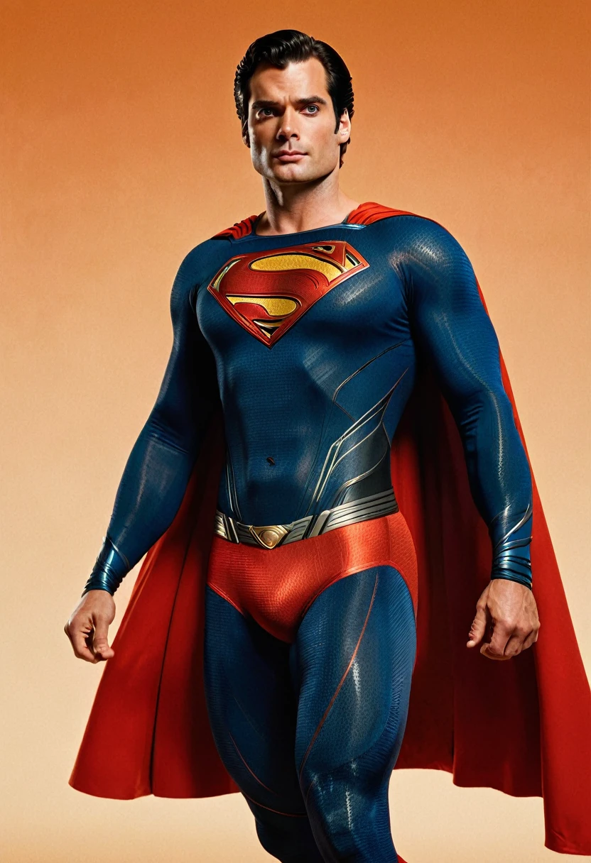 A realistic cinematic portrait of ((one superman)) only, a A realistic cinematic portrait of ((one superman)) only, a blend of Tom Welling + Henry Cavill + David Corenswet as Superman, strong body, heroic pose, almost flying, against solid warm orange color background, front view, symmetry, full-body shot, cinematic shot, 24 fps, DHR, kodak portra utra, colorpop, white ethereal, analog photo.