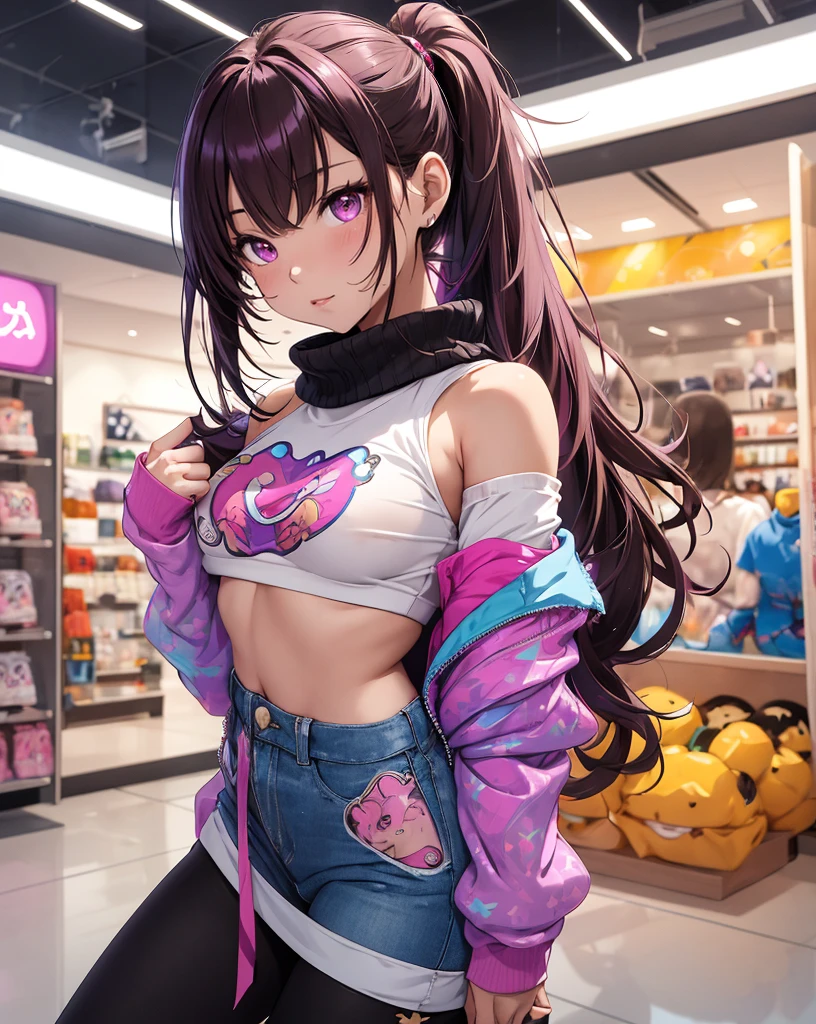 ((master part)), best quality, absurderes, ultra detaild, Holographic, cowboy shot, proportion Aurea, super cute girl,  Madura, Idol girl, Super beautiful asian girl with very cute violet bright eyes, Beautiful multicolored bright brown hair, high ponytail, nice and sexy body, body skinny, perfectbody, wearing a super tight anime print knit, Anime Print Super Tight Off Shoulder Long Sleeve Crop Top, a super aesthetic mini transparent jacket, cute hair ornament, Pink Jordan Sneakers, being photographed in a mall store, pulling down shorts showing G-string panties, ((nsfw)), {{Lewd}}