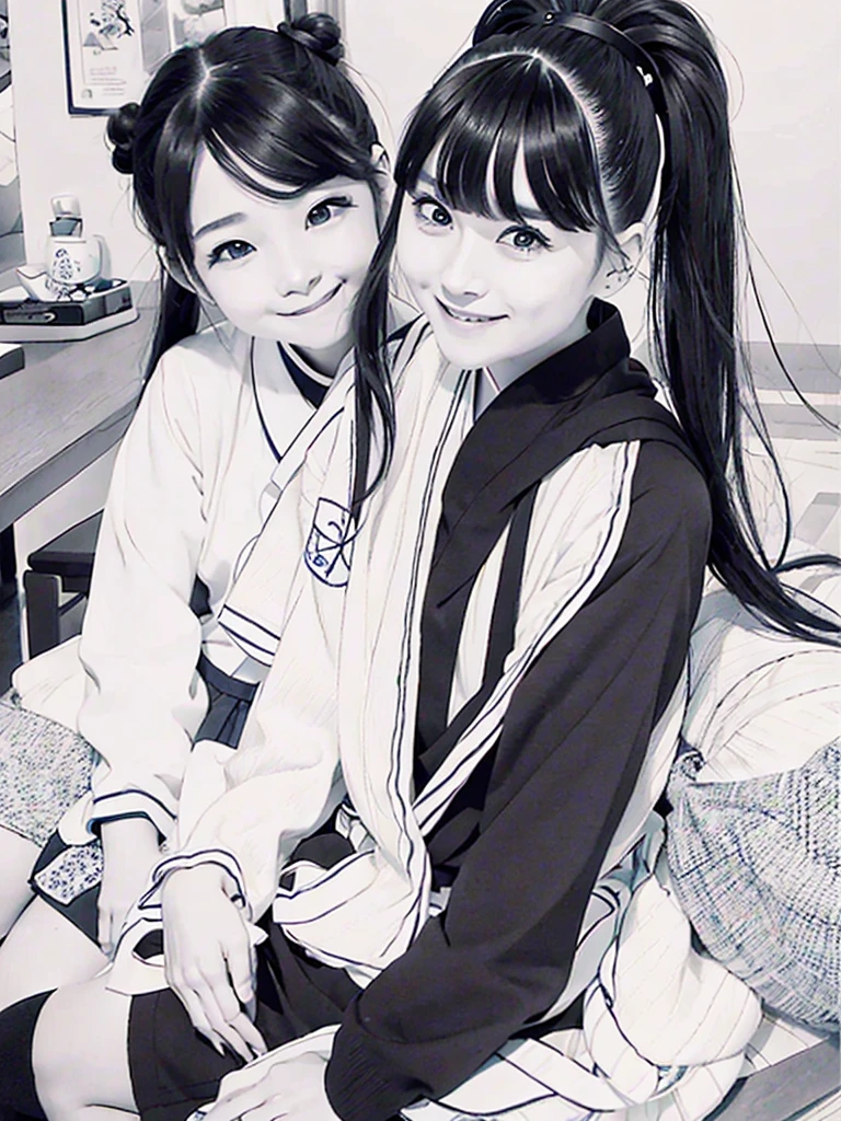 Long ponytail girl。She is wearing a sailor uniform and looking at me at an angle.。Smiling with a kind look on his face。Eyes are also smiling。His mouth is smiling。The cheeks are red。Long eyelashes。
Looking at my lover。comics。Black and White。
（（Highest quality））（masterpiece）），（detailed），One woman...