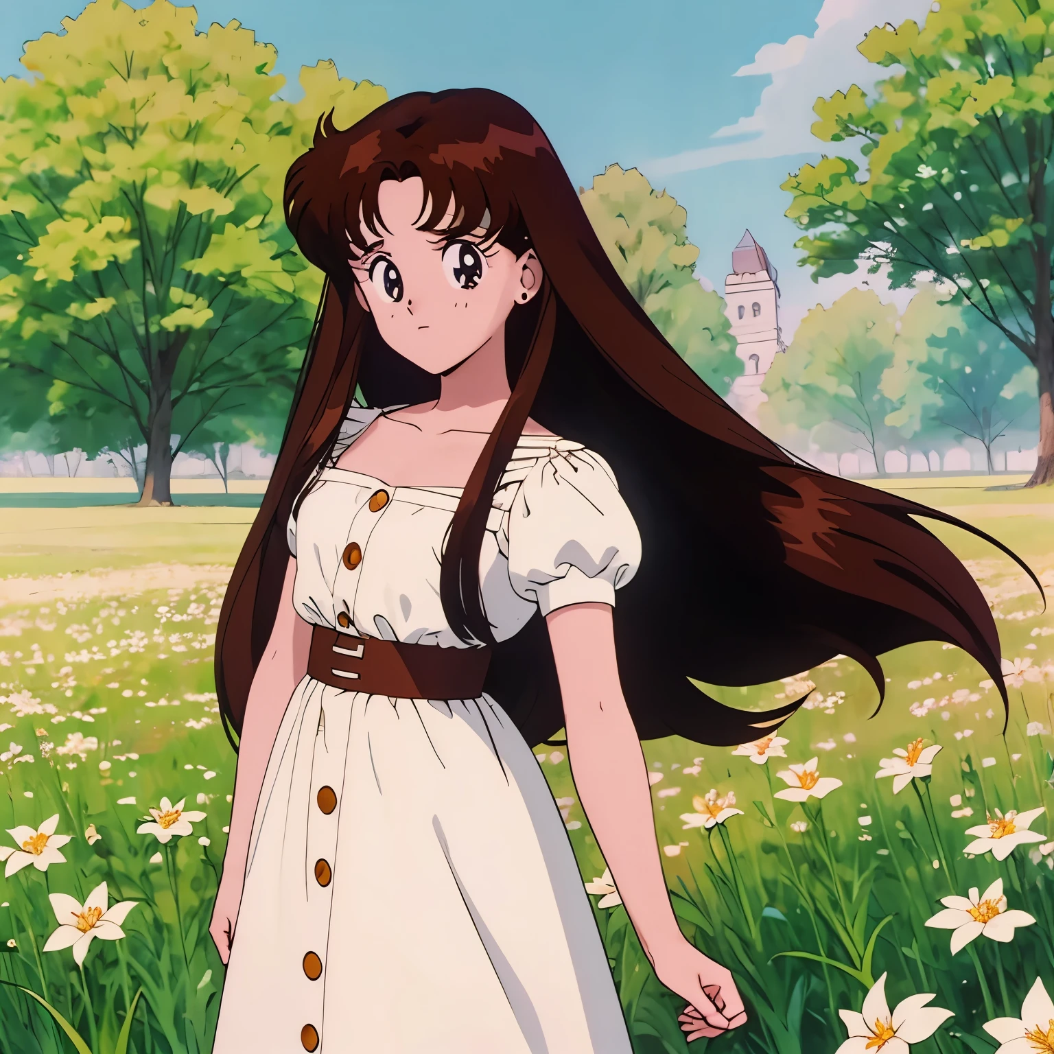 90s anime, girl, long brown hair, brown eyes, freckles, field of grass, some white flowers